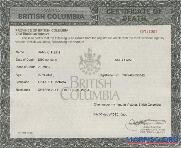 Printable Canada British Columbia death certificate template in PSD format